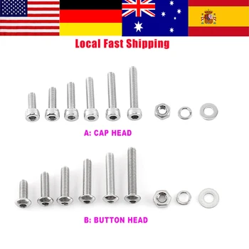 

300Pcs/Set M3 304 Stainless Steel Hex Socket Screws Cap head/Button head Screw Nut & Bolt and Hex Nuts Washer Assortment Kit new