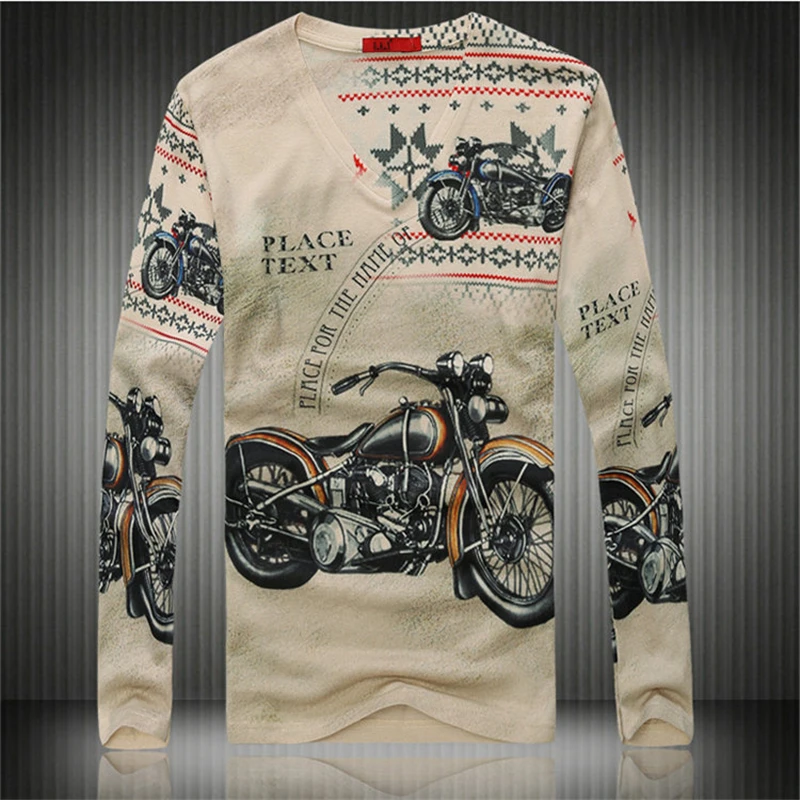 

European style motorcycle pattern digital print long-sleeved t shirt Spring 2019 New quality soft comfortable luxury t shirt men