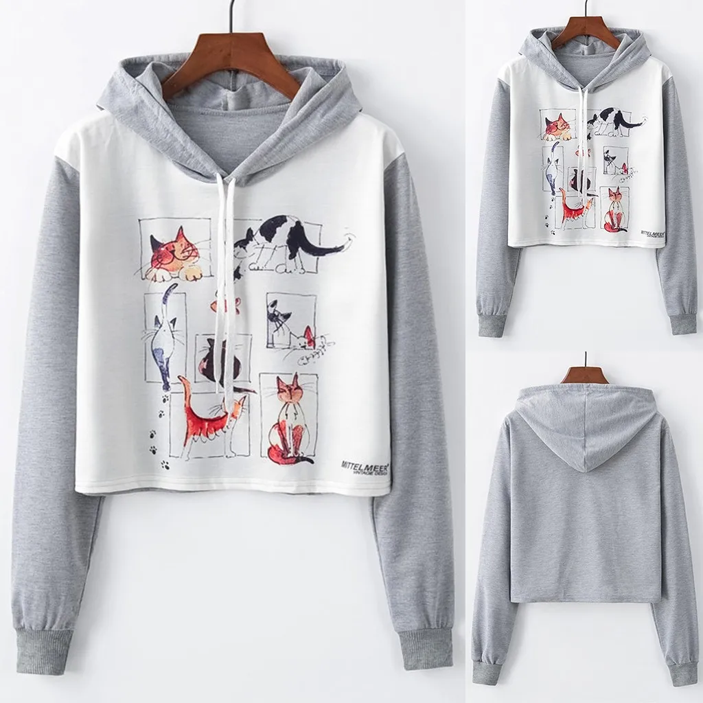 

Woman Fashion Loose O-Neck Animal Print Long Sleeve Short with Hat SweatshirtExplosive cat long sleeve short fashion sweater