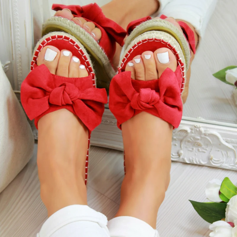 Women Sandals Torridity Woman Cute Bow Slippers Hemp Open Toe Casual Shoes Ladies Outdoor Beach Flops Female - Цвет: Red