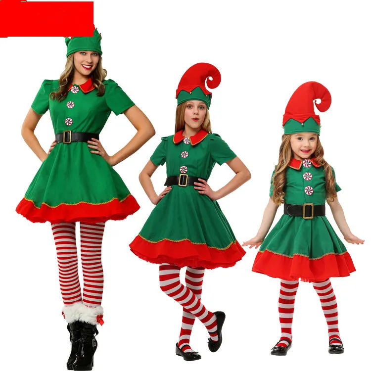 Зеленые рождественские костюмы с изображением эльфа, для взрослых, Санта Клауса, маскарадные Семейные комплекты детское карнавальное платье новогодний наряд для девочек, шапка