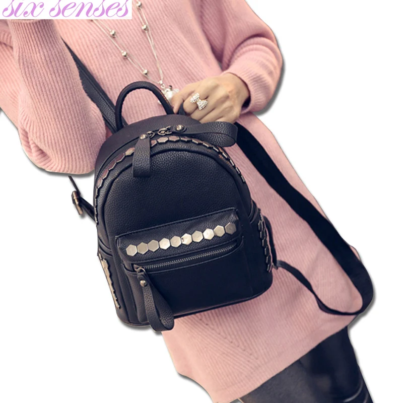 

Six senses Women pu leather backpack lady shoulder bags Girls School Bags rivet travel bag lady rucksack Mochila Escolar XD4066