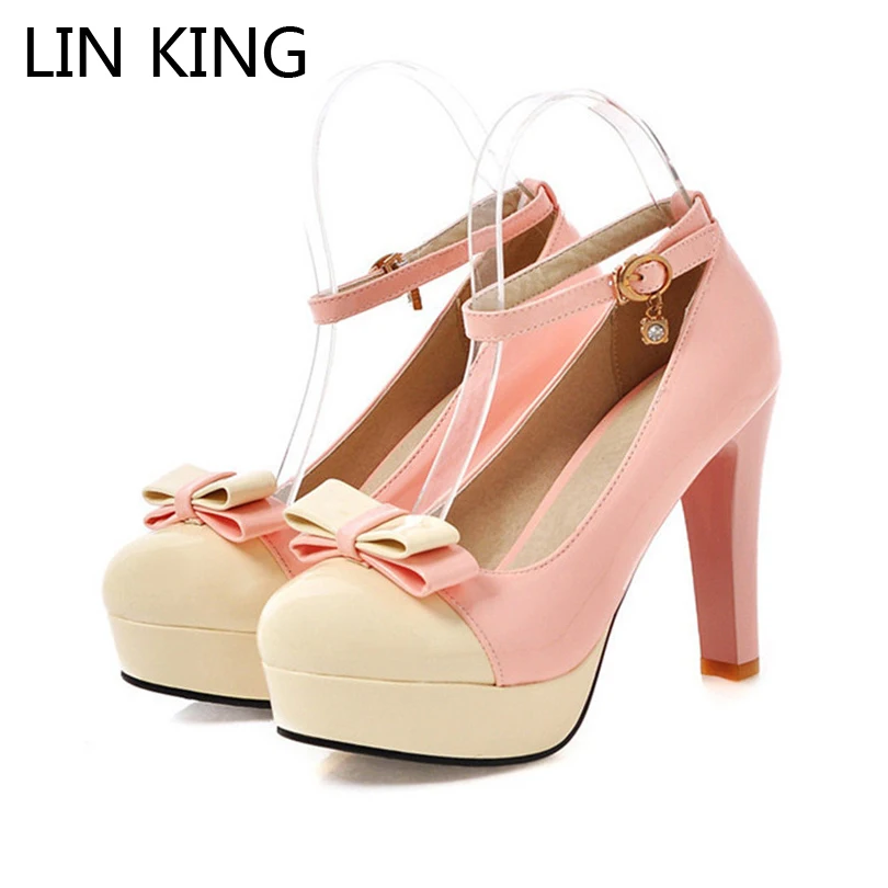 

LIN KING New Women Pumps Ankle Strap Round Toe Bowtie Lolita Shoes Slip On Thick Slim Sexy High Heel Platform Shoes Big Size