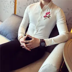 Весенняя Новая мужская рубашка смокинг 2018 Мода Роза вышивка мужская Повседневная рубашка Slim Fit с длинным рукавом социальные рубашки платье