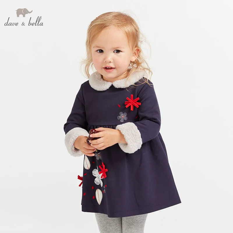 DB8946 dave bella/детское темно-синее платье для девочек с длинными рукавами; осенние платья; детское платье для дня рождения; Эксклюзивное Платье