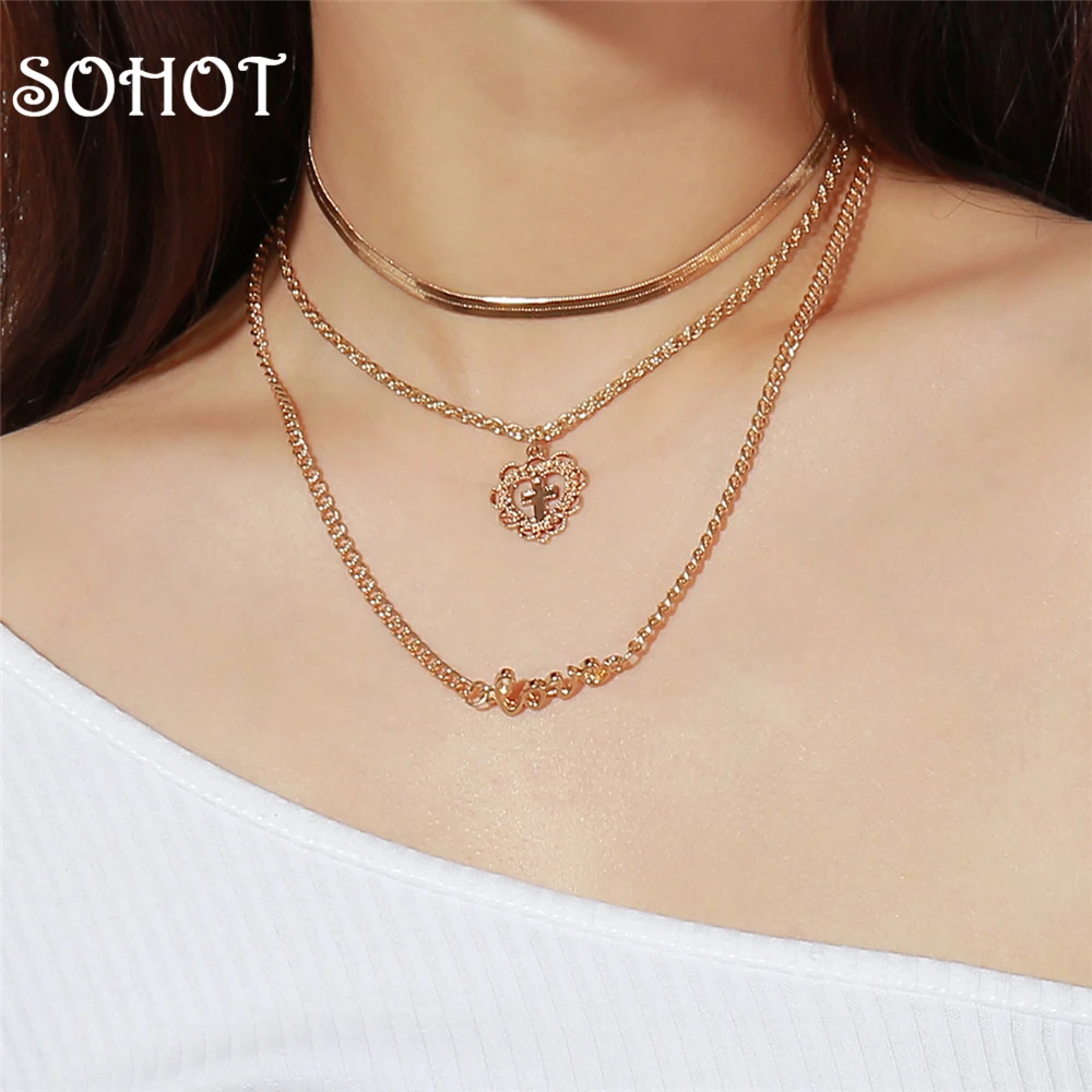 

SOHOT Bohemia Three Layers Necklace Gold Color Cross Pendant Accessories Romantic Love Sign For Girlfriend Lover's Day Gift