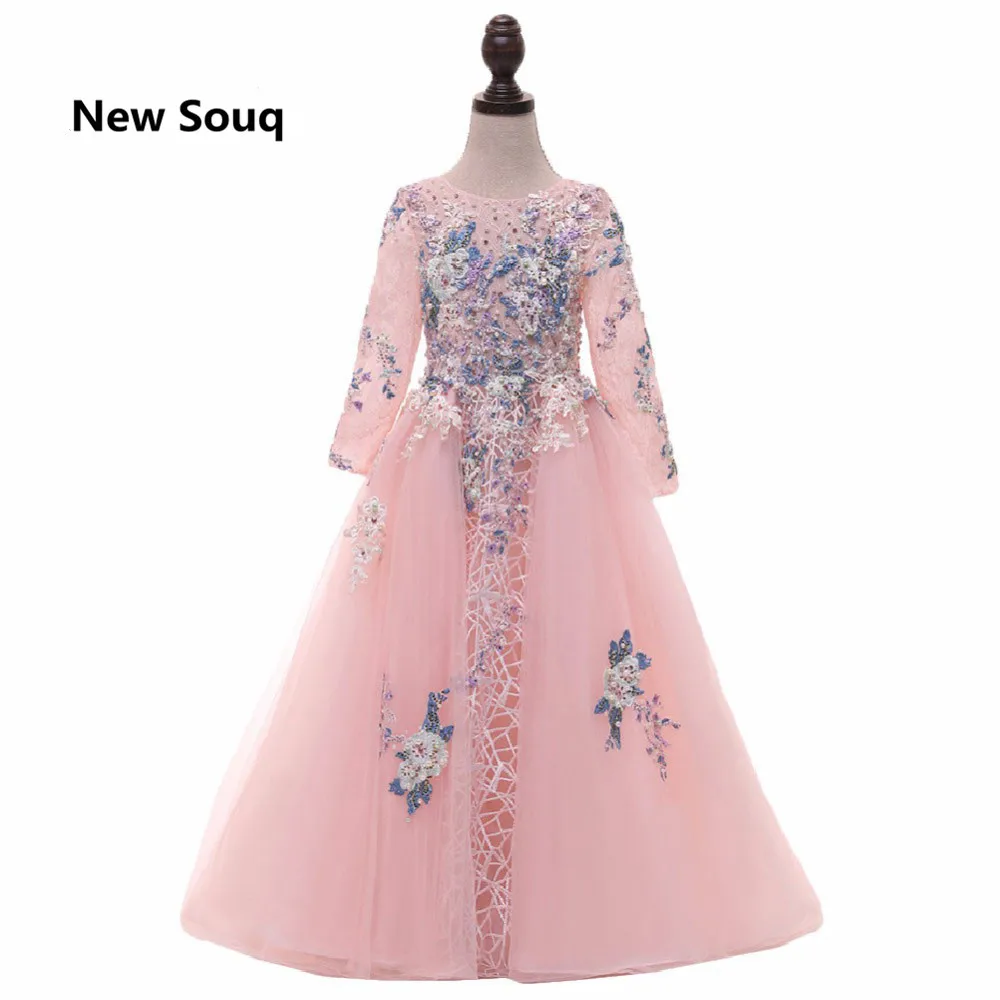 

Chic Applique Lace Pearl Beaded Flower Girl Dresses with Long Sleeves Pink Tulle Girl Birthday Party Dress Kid Pageant Gowns