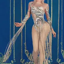 Модный женский костюм с золотой бахромой, трико для певицы, диджея, ночного клуба, шоу, боди с кисточками, наряд для сцены