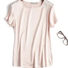 Чистый цвет шелковый крепированный сатин шоу тонкий круглый воротник голова свободный Джокер женские шелковые футболки с короткими рукавами розовый 5