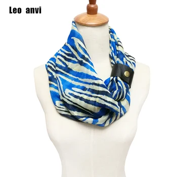 

Leo anvi Designer silk Chiffon ring scarf women Floral Zebra Printed Foulards Femme Luxury leather cuff Infinity Scarves