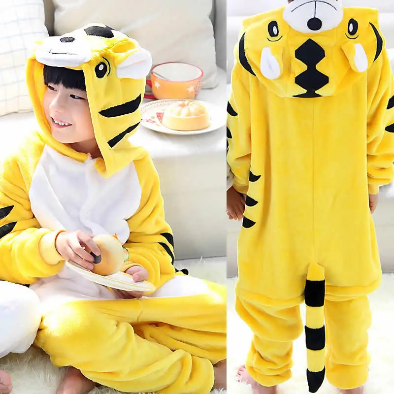 Животные Олень кигуруми Onesie мультфильм мягкая Фланелевая Пижама для детей Лиса Пижама-Лев зимний теплый комбинезон с капюшоном забавные вечерние костюмы - Цвет: Tiger