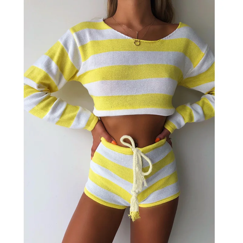 

Elegant Striped Print Knitted Crop Top and Shorts Women 2 Pieces Set Casual High Waist Drawstring Shorts Female Bikini Outfits