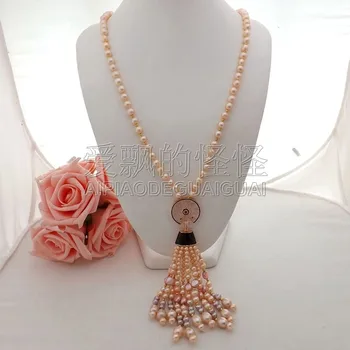 

N052304 30" Multi Shape Pink Pearl Necklace CZ Pendant