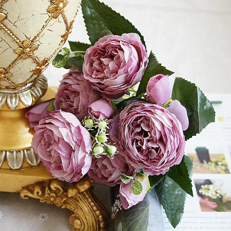 5 больших головок/Букет пионов, искусственные цветы, Шелковый Букет пионов, 4 бутона, цветы для свадьбы, украшения дома, искусственные пионы, розы - Цвет: purple