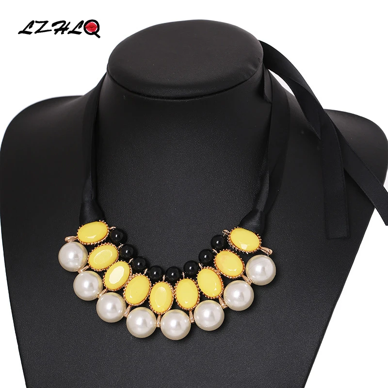 

LZHLQ Handmade Pearls Cat's eye Choker Statement Necklace Women Adjustable Ribbon Necklaces Pendants Trendy Collares Collier