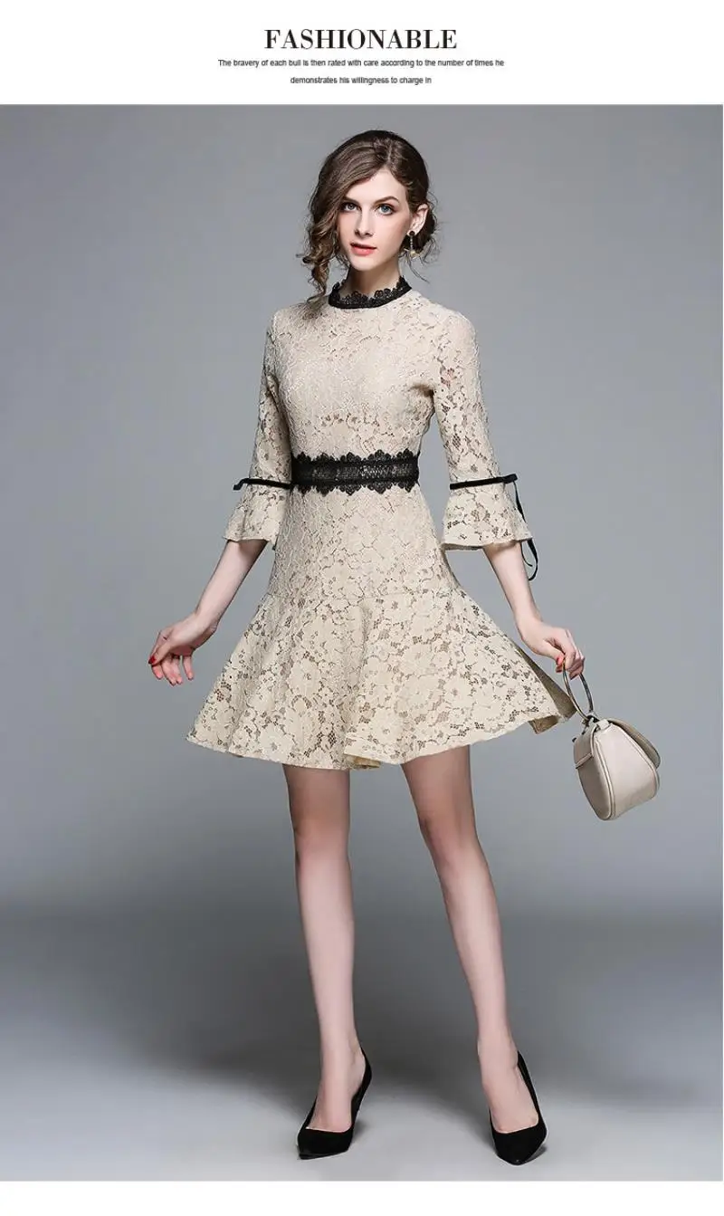 HIGH QUALITY New Fashion 2018 Runway Dress Women's Flare Sleeve Hollow out lace fishtail dress Lady Skirt Midi Dress