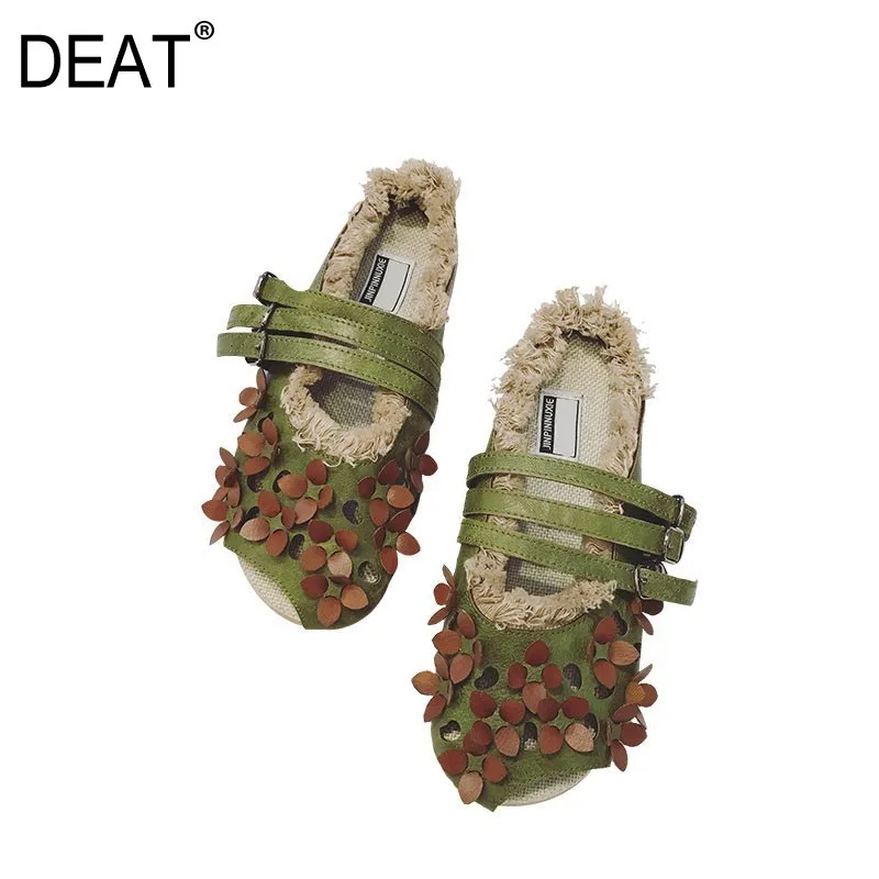 

[DEAT] 2019 New Spring Summer Round Toe Shallow Pu Leather Belt Buckle Flower Outside Flat Slippers Women Fashion Tide 10A660