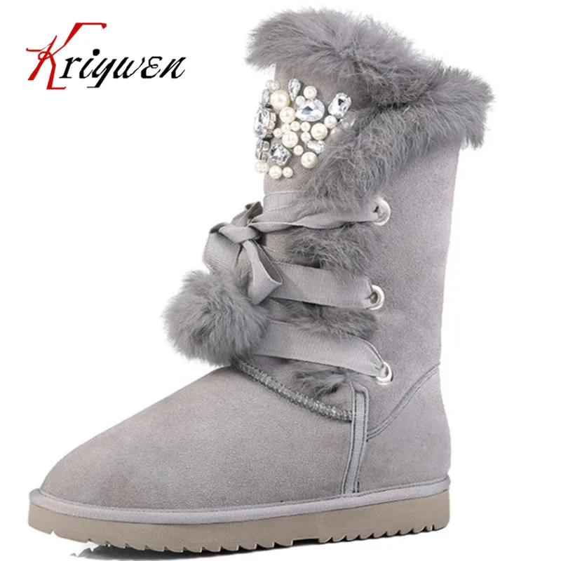 Winter new arrival keep warming snow boots women's real rabbit rhinestone flat with girls shoes cross strap knot mid calf boots