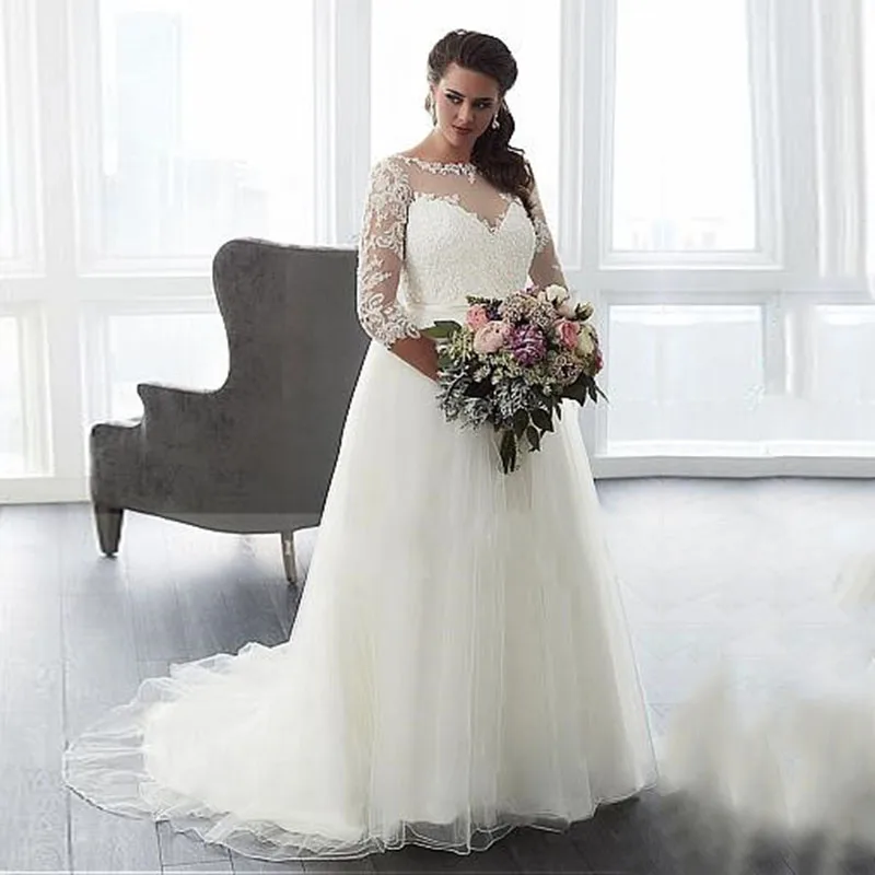 

Eightale Plus Size Wedding Dress with Sleeves O-Neck Appliques Lace Wedding Gowns 2019 A-Line Custom Made Elegant Bride Dresses