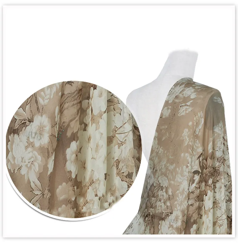 Серый верблюд flroal печати натуральный шелк шифон ткань для пляжное платье из натурального шелка tissu telas tecidos stoffen Фабричный 6 мм SP5191