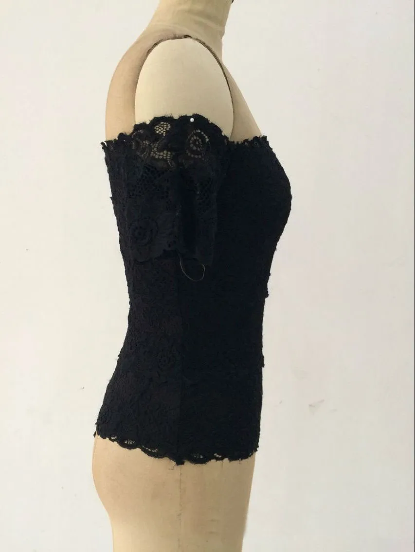 Elegant Bodysuit Tops For Womens Summer Short Sleeve Black Lace Off Shoulder Sexy Bodycon Playsuits Jumpsuits Rompers C2801