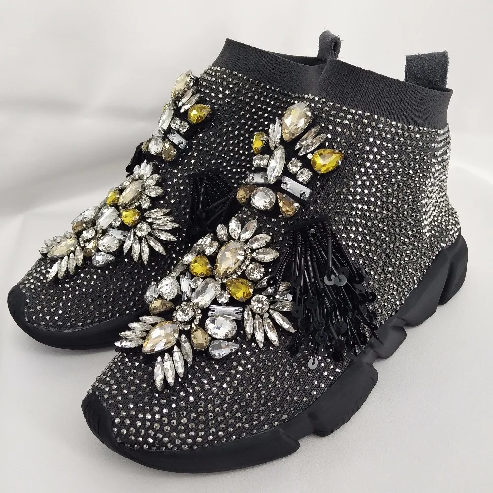 Новая Стразы Носки кроссовки эластичные Носки вязаная Повседневная дышащая обувь с внутренним каблуком, с украшением в виде кристаллов со стразами Женская обувь на плоской подошве размеры 34–45