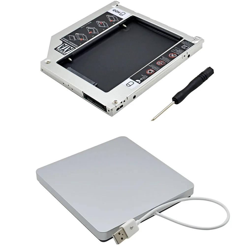 

External Slimline Slim SATA USB 2.0 SuperDrive Case Enclosure + 2.5" SSD HDD Caddy 9.5mm SATA 3.0 for Apple Macbook Pro Air
