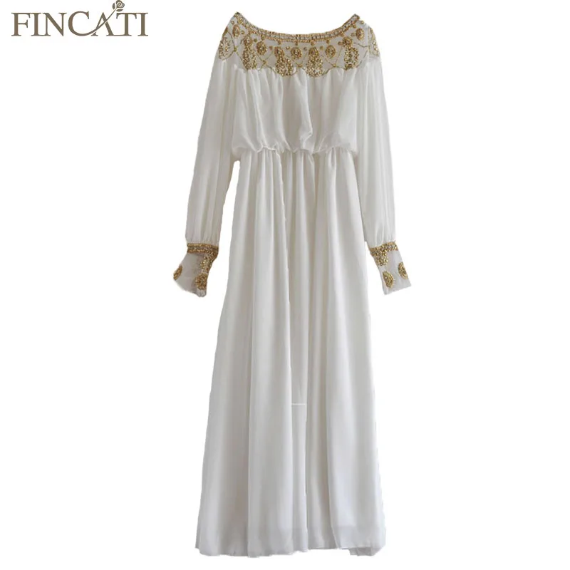 Newest Fashion Summer Baroque Designer Runway Dress Women's Long Sleeve Metal Beaded Rivet Pleated Dress elastic waist