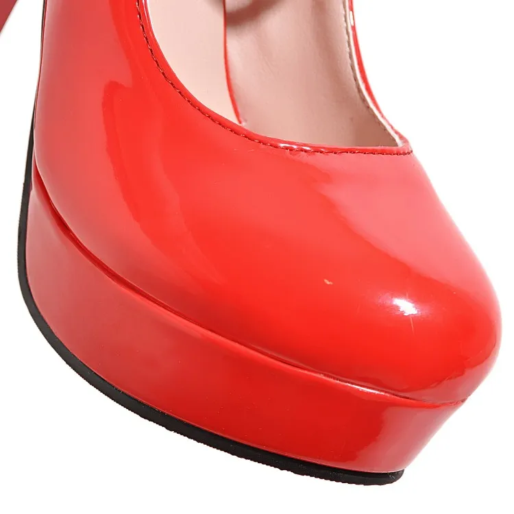 Женские пикантные туфли на высоком каблуке; туфли из лакированной кожи с перекрестными ремешками; цвет белый, черный, красный; свадебные туфли; Туфли-лодочки на толстой платформе; большие размеры 42, 43