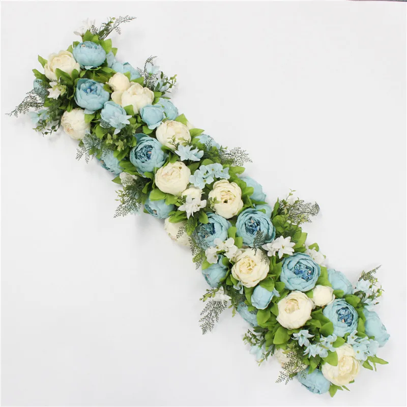 custom made Artificial rose flower row Wedding background wall arch Welcome desk decorative fake flower Home holiday decoration - Цвет: A  Blue white