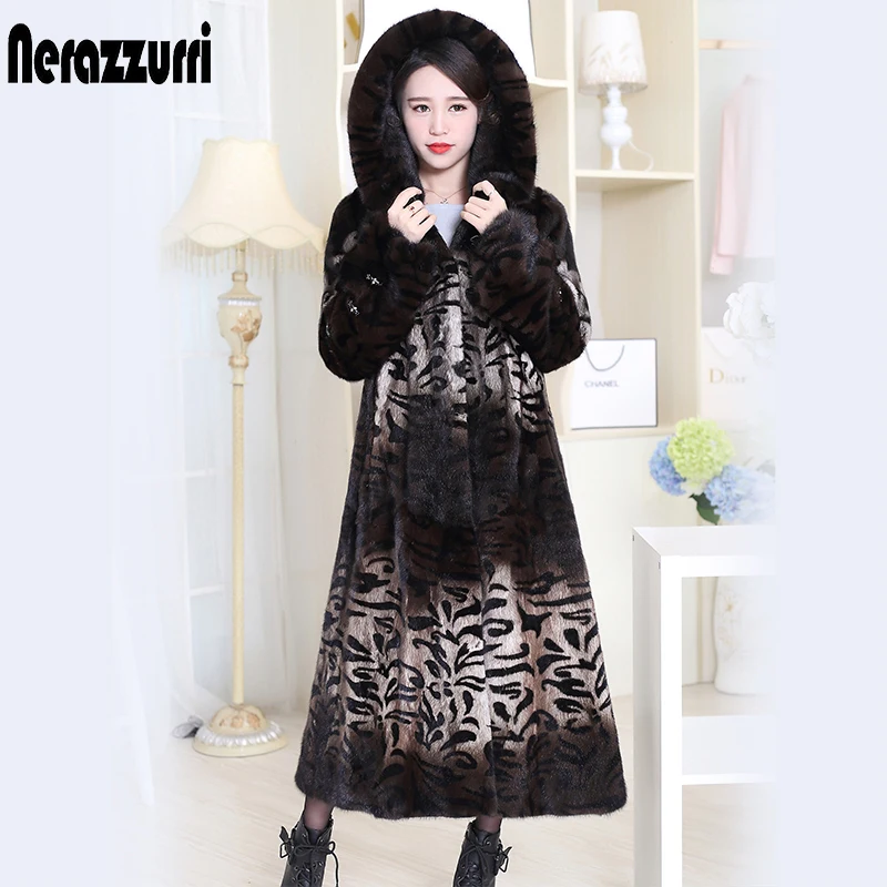 

Nerazzurri Real Mink Fur Coat With Hood For Women 2019 Winter Long Sleeve Leopard Print Maxi Genuine Mink Overcoat Plus Size 52