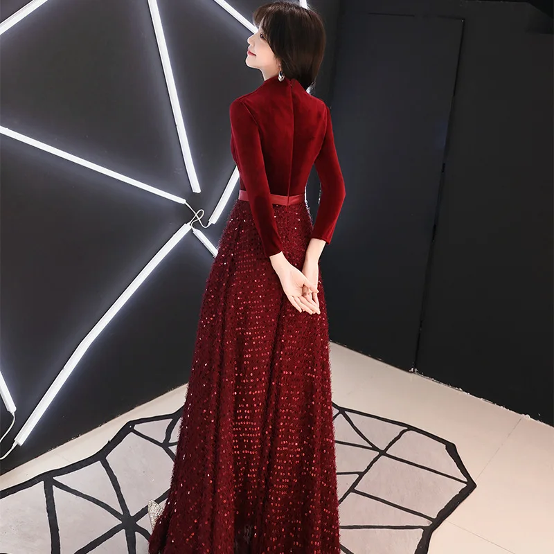 Женское винтажное вечернее платье Cheongsam с длинным рукавом и блестками