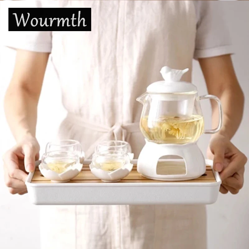

Wourmth Chinese Afternoon Tea Set Porcelain Heatable Glass Teapot And 4 Pcs Tea Cups Top Grade Bone China Coffee Cups And Saucer