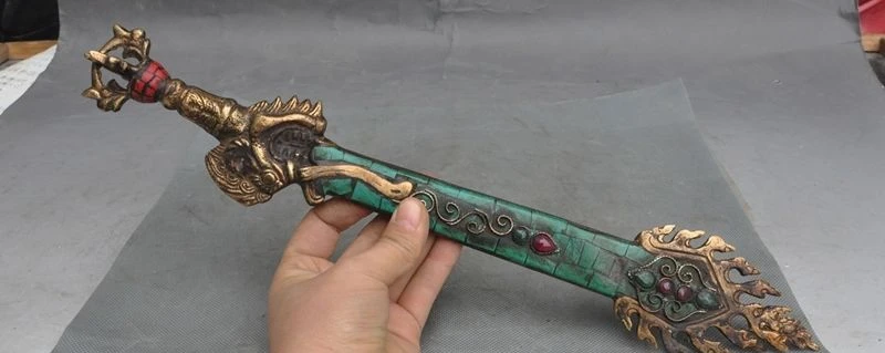 

old Tibet buddhism Bronze Inlay Turquoise Coral Manjushri Wisdom Exorcism Sword