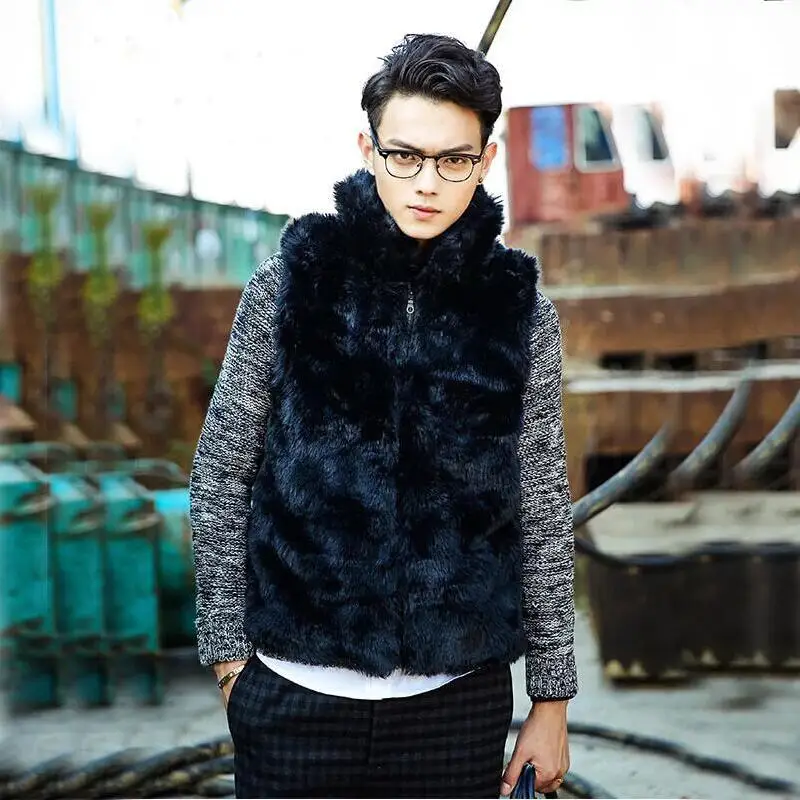 Жилет мужской из искусственного меха кролика зимняя роскошная черная куртка на