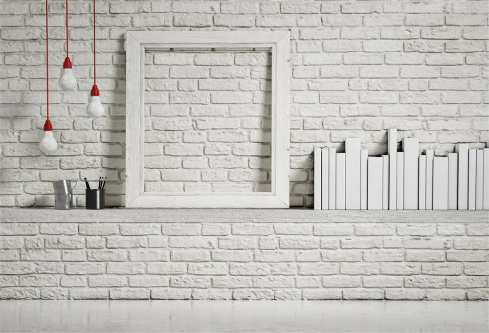 

Laeacco Gray White Brick Backdrop Bulb Wooden Frame Books Wall Baby Child Portrait Photography Background Photocall Photo Studio