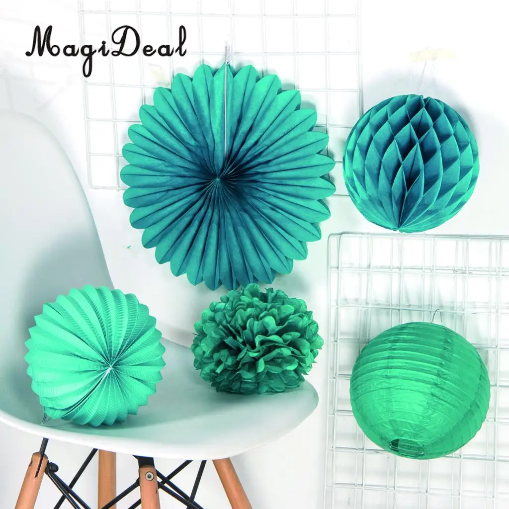 MagiDeal 5 Pieces Mixed Style Paper Pompoms Fan Honeycomb Ball Wedding Party Home Decor Blue and Green 