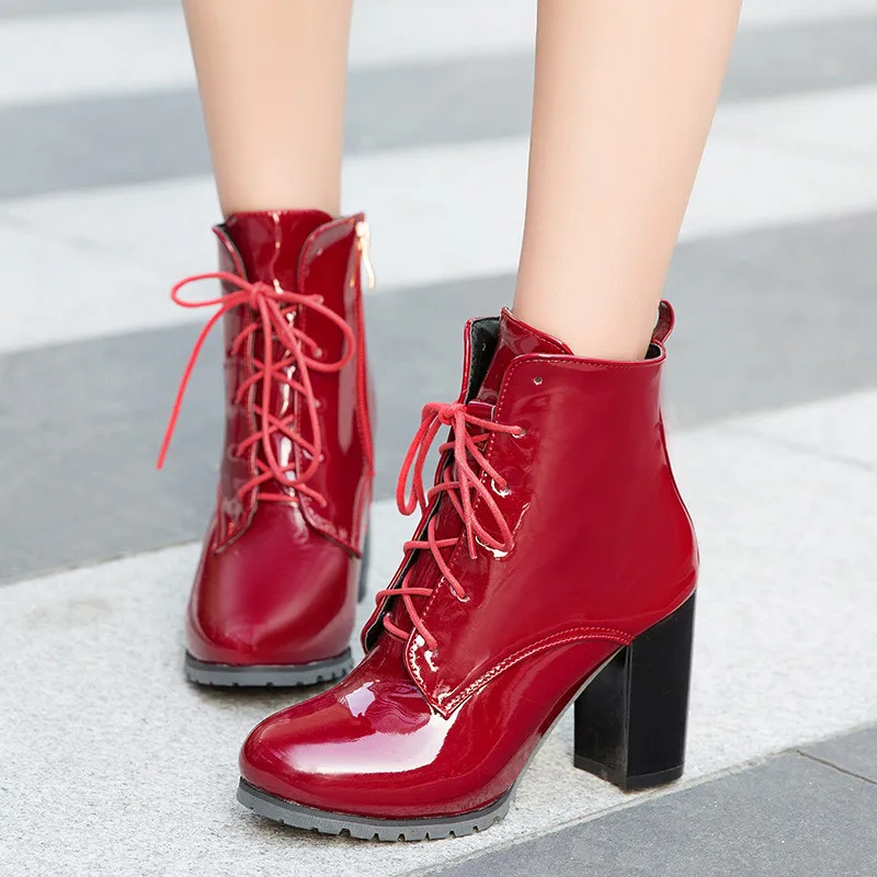 

YMECHIC Wine Red Black Blue Autumn 2019 New Motorcycle Riding Ankle Boots Female Block High Heels Lacing Shoes Women Footwear