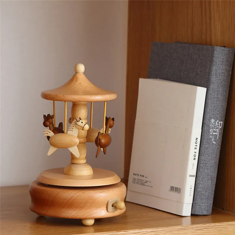 Kawaii Zakka carrusel cajas musicales caja de música de madera artesanía de madera Retro cumpleaños regalo Vintage decoración del hogar Accesorios