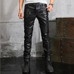 Мужские свободного покроя тонкий черные кожаные штаны панк-рок певец производительность ночном клубе певица ds танцы брюки костюм размер 28