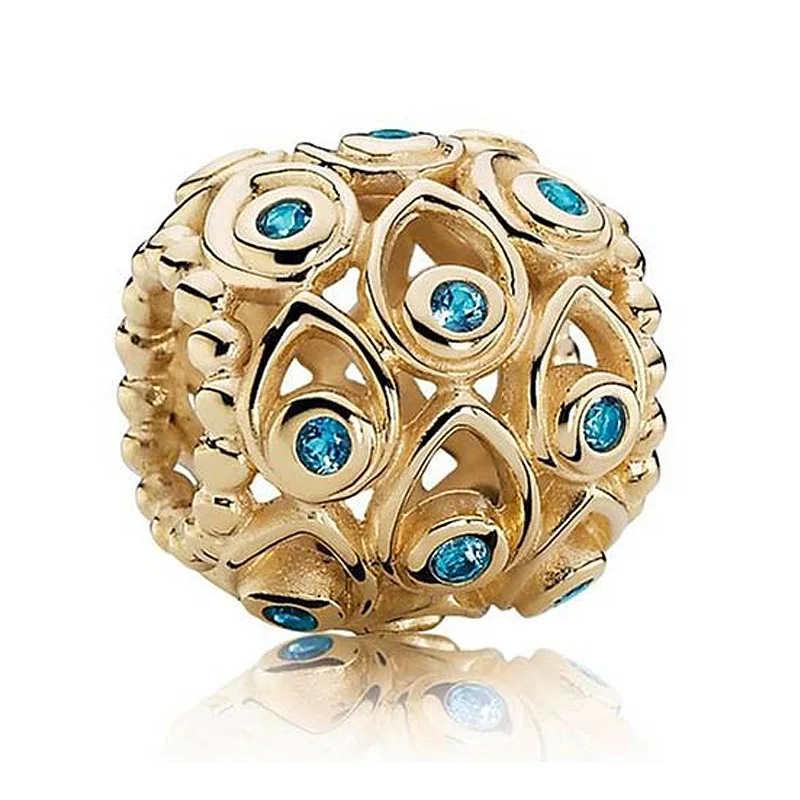 

Authentic 925 Sterling Silver Bead Charm Gold Openwork Peacock Feathers With Crystal Beads Fit Pandora Bracelet Jewelry