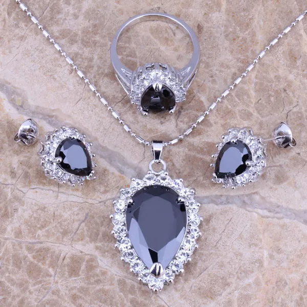 

Black Cubic Zirconia White CZ Silver Jewelry Sets Earrings Pendant Ring For Women Size 6 / 7 / 8 / 9 / 10 S0097