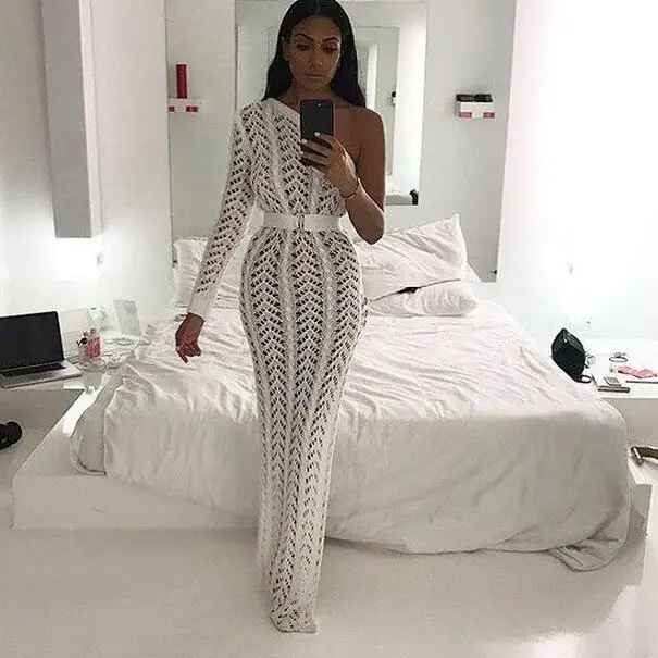 

Sexy Women White One Shoulder Knitted Skirt Female Elegant Side Split Clubwear Hollow Out Skirts Vestdios WF780