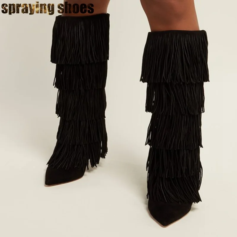 

Fashion Tassel Black Suede Knee High Boots Pointed Toe Women High Heels Shoes Sexy Ladies Winter Pumps Long Boots Plus Size 11