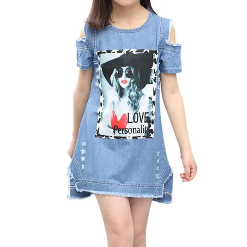 

Fashion Baby Girl Pattern Straight Mini Dress Kids Children Girl Print Short Summer O-Neck Denim Dresses Clothes Clothing