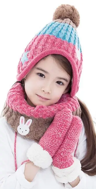 Детские шапки, шарф, перчатки, комплект из трех предметов, теплые осенне-зимние шапки для мальчиков и девочек, комплекты с воротником, детские вязаные шапки, костюмы - Цвет: pink sets