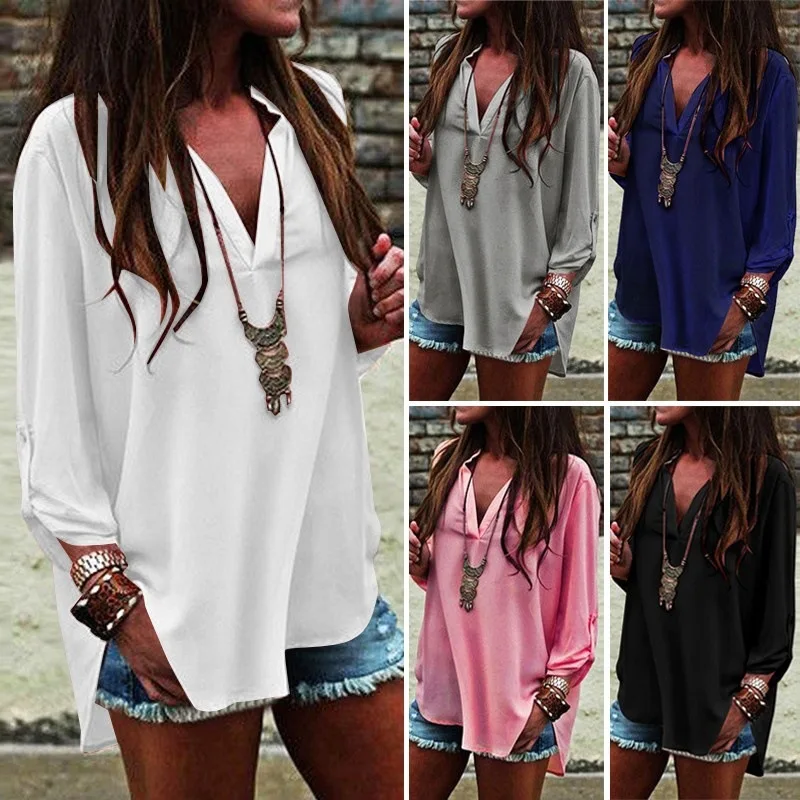 

Blusas Mujer De Moda 2019 Chiffon V Neck Women Blouses Long Sleeve Plus Size Tops Shirt Blouse Femme