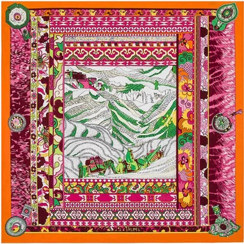

100% Twill Silk Scarf Women National Wind Montain Neckerchief Square Scarves Beach Foulard Female Bandana Office Shawls Wraps