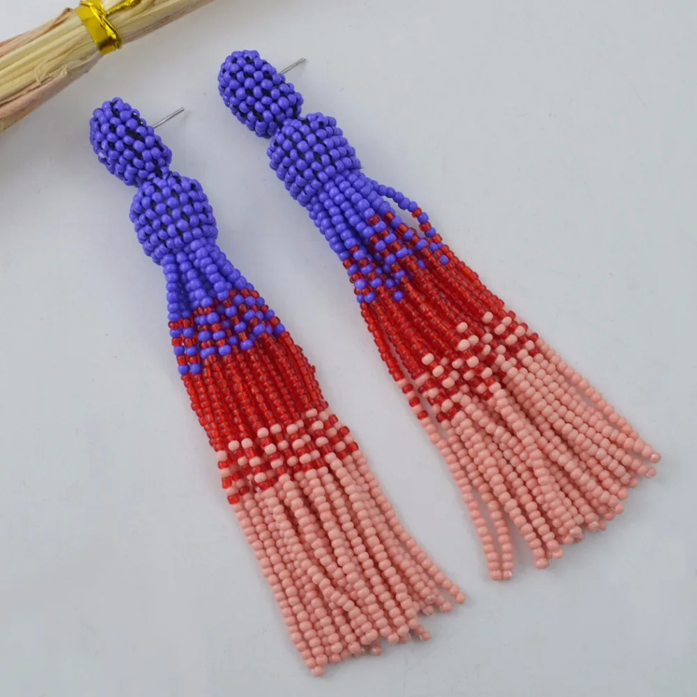 Boho Handmade Colorful Seed Beads Earrings For Women Wedding Ethnic Big Beaded Long Tassel Drop Earrings Statement Jewelry Gifts