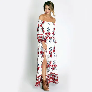 

Elegant Dress Women Sexy Off Shoulder Boho Long Maxi Evening Party Dress Floral Printed Casual Dress Sundress Vestidos Robe Femm